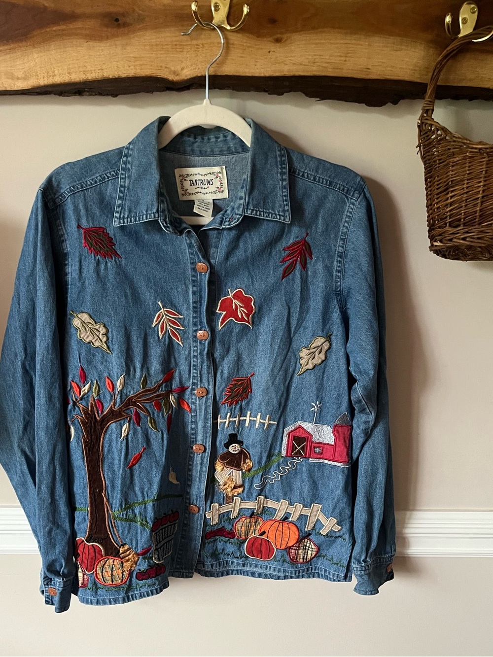 Vtg Tantrums Fall Autumn Scarecrow Pumpkin Denim Shirt Teachercore Cottagecore S